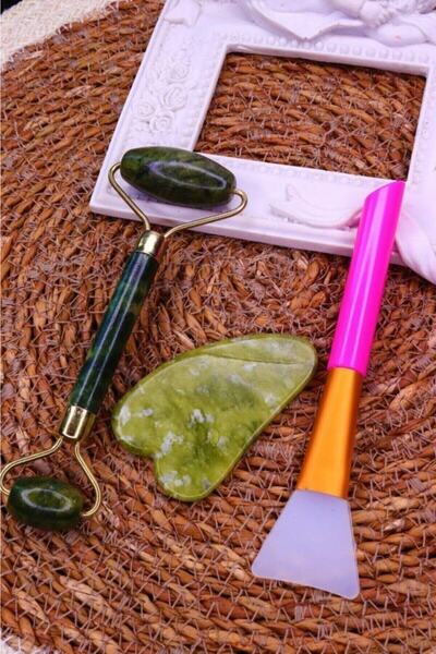 MUJGAN 3'lü Cilt Bakım Seti Yeşim Taşı + Gua Sha Masaj Taşı + Maske Sürme Apa...