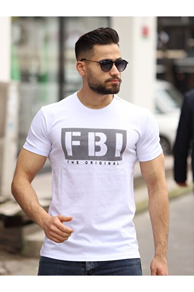 FBI Printed Crew Neck Men's White T-shirt 5412