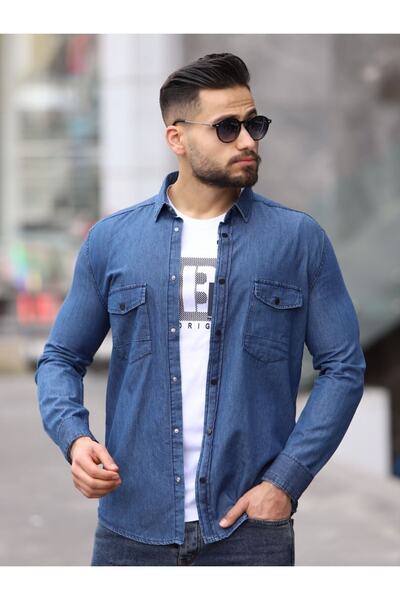FBI Çift Cepli Erkek Lacivert Jean Gömlek 96077