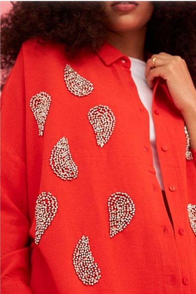 FEMELLE Cămașă Lângă Damă Roșie Damlataș Model Oversize 100% Bumbac