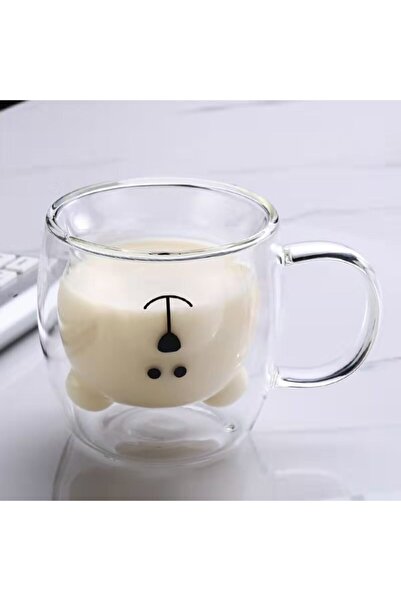 KÜÇÜK EW Double Walled Glass Mug with Teddy Bear Design, Double Walled Glass Mug with Handle, Fun Cup