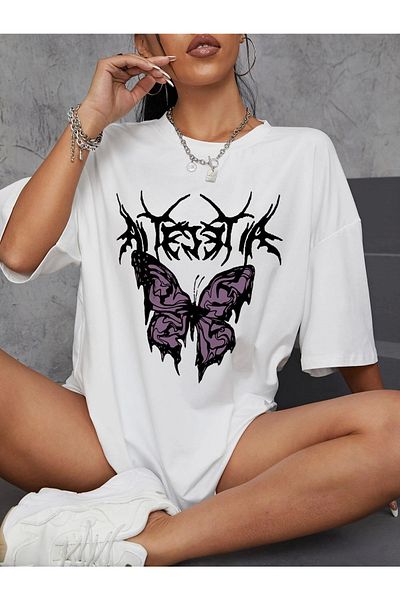 AFROGİYİM Tricou oversize pentru femei, alb, violet, fluture