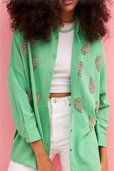 FEMELLE قميص Damlataş Model باللون الأخضر للسيدات فضفاض مصنوع من القطن بنسبة ...