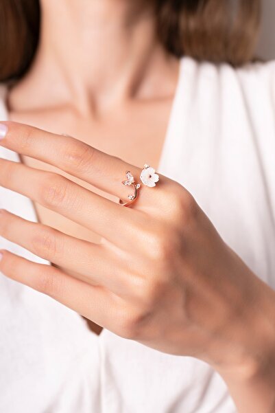 Forenza Kadın Pembe Altın Sedefli Manolya Çiçeği 925 Ayar Gümüş Yüzük