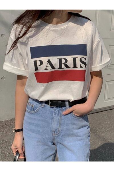 Benisengiydir Γυναικείο μπλουζάκι White Paris Printed Oversize
