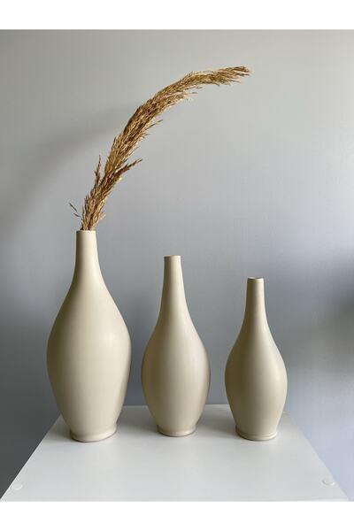 odka 3'lü Ince Ağızlı Vazo Seti (25cm-30cm-35cm) Taş Renk