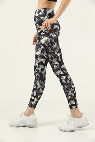 missmaral Dámské legíny s vysokým pasem s dvojitou kapsou černo - bílá hvězda vzor Digital 1058