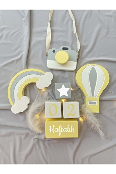 BİANNE ATÖLYESİ Sarı-gri Üç Objeli Bebek Anı Küp Seti Fotoğraf Çekim Ve Dekor Için Türkçe