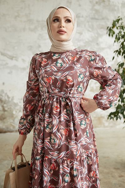 InStyle Φόρεμα Felara Flower Pattern ζωσμένο - Bitter Brown