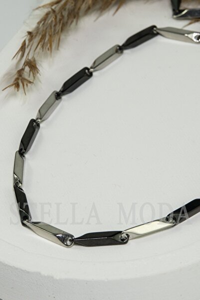 STELLA MODA Erkek Çelik Kolye Küp Üçgen Model Zincir Siyah