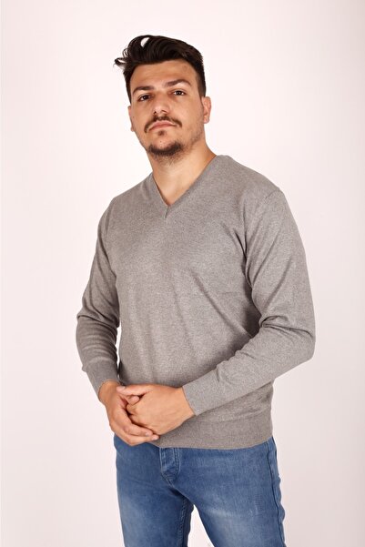 FATELLA Pulover tricotat gri deschis pentru bărbați, cu decolteu în V