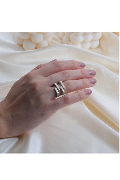 AURRARİ خاتم نسائي مطلي بالفضة بخط مربع (قابل للتعديل)