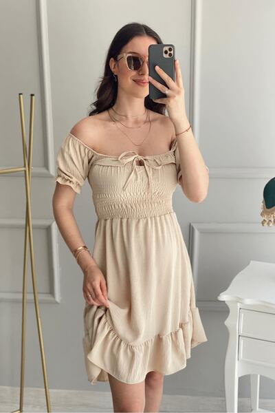 bayansepeti Aerobin Fabric Chest Elastic Lace Detailed Short Sleeve Flared Cream Dress 058