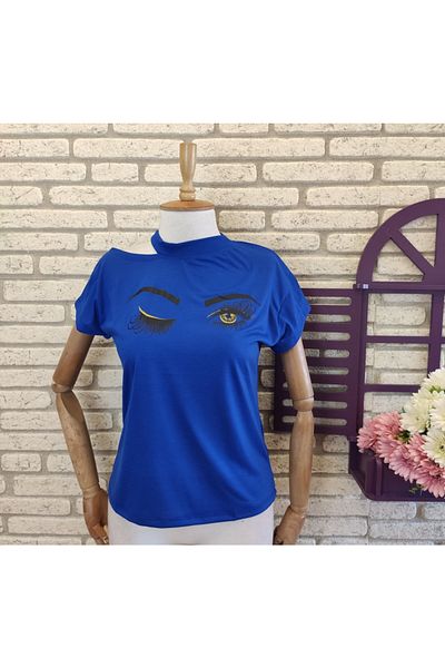 rengamoda Bluză de damă albastră, cu model de ochi, cu guler (ALBASTRĂ)