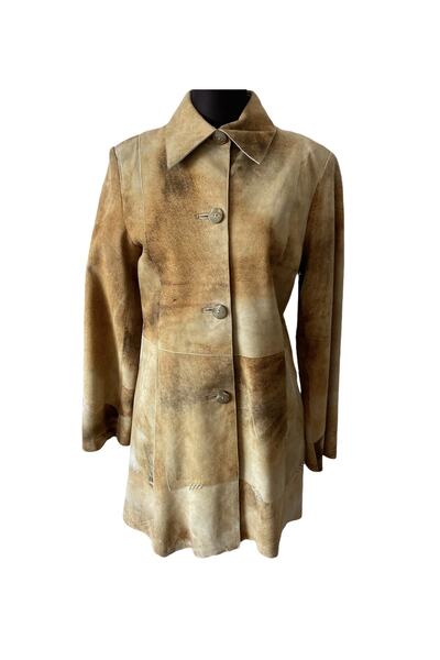 asus deri Hakiki Kuzu Derisi Bej Renk Kendinden Desenli Kadın Uzun Ceket