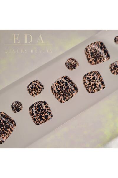 EDA LUXURY BEAUTY 24'lü Pembe Siyah Simli Animal Print Ayak Takma Tırnak Lüks Çita Desenli Doğal Pedikür Nail Art Kit