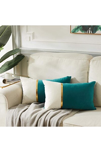 Bc Home 2'li Petrol - Krem Altın Deri Aksesuarlı Kadife Görünümlü Dikdörtgen ...