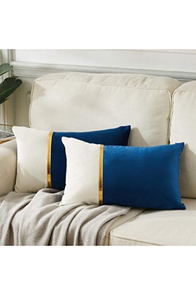 Bc Home 2'li Lacivert- Krem Altın Deri Aksesuarlı Kadife Görünümlü Dikdörtgen...