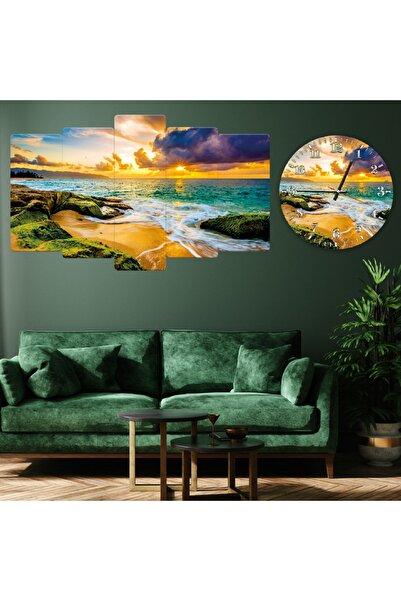 Zevahir Mobilya Dekorasyon Altılı Mdf Gün Batımı Arka Planlı Okyanus Kenarı Manzaralı Saatli Tablo Seti