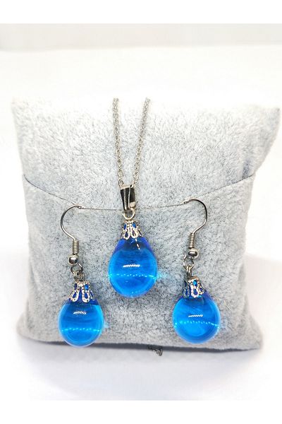 Atölye Şems Murano Glass Design Blue Drop Set Set Necklace and Earrings