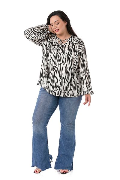 DISENTIS MODEST Zebra Patterned Ornamental Pocket Cover Collar Detailed Sleeve Elastic Satin Black Blouse