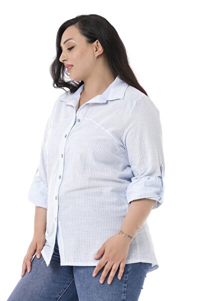 DISENTIS MODEST Cămașă de damă cu dungi albastre de mărime Plus cu mâneci îndoite și manșete largi
