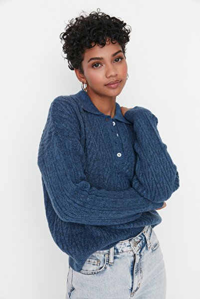 Trendyol Collection Indigo Wide Fit puha texturált kötöttáru pulóver TWOAW21KZ2635