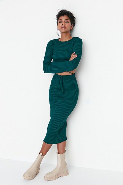 Trendyol Collection Zöld Super Crop Tie részletes szoknyás kötöttáru felső és alsó készlet TWOAW22EL0543