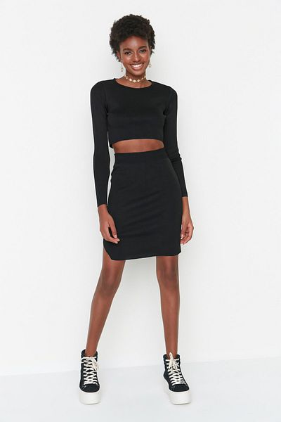 Trendyol Collection Black Slit Detailed Super Crop Knitwear Bottom-Top Set