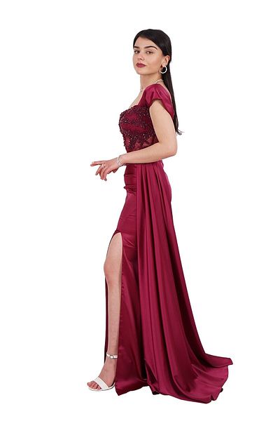 SpringStore Rochie de seara din satin transparent brodata cu piatra de prune