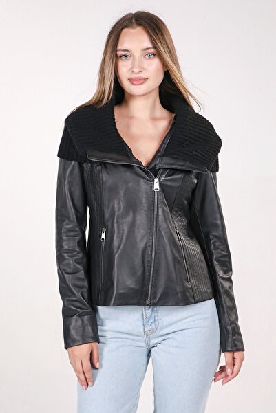 imge deri Hakiki Deri Kadın Mont - Triko Kapşonlu Ve Yakalı