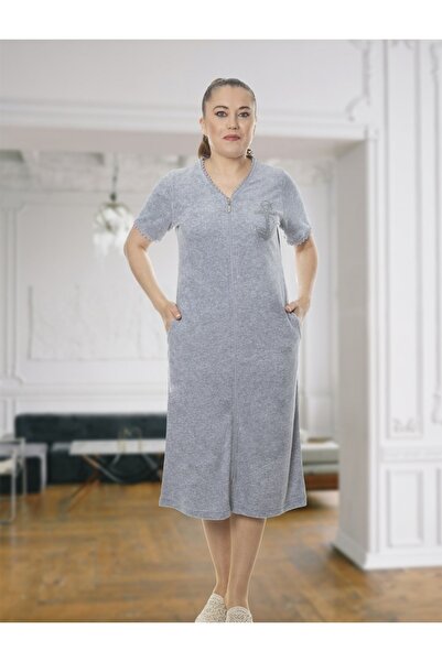 ESRATEKS Fermuarlı Gri Renk Kısa Kollu Havlu Elbise