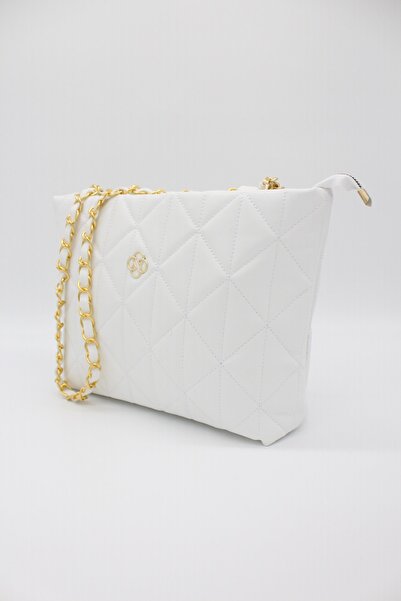besmoda Geantă de mână și de umăr cu un singur compartiment, cu lanț matlasat, albă