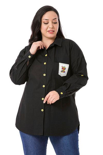 DISENTIS MODEST Cămașă neagră din popelin, cu buzunare detaliată, cu mâneci pliate