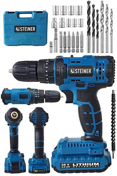 STEİNER Alman 58 V 5 Ah Darbeli Lityum Çift Akülü Sjs Metal Şanzıman Şarjlı Vidalama Matkap 24 Pcs Set