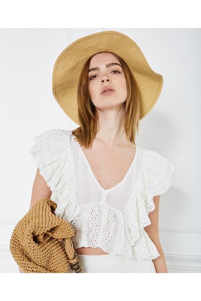 eos lingerie Embroidered V-neck Flounce White Blouse Crop