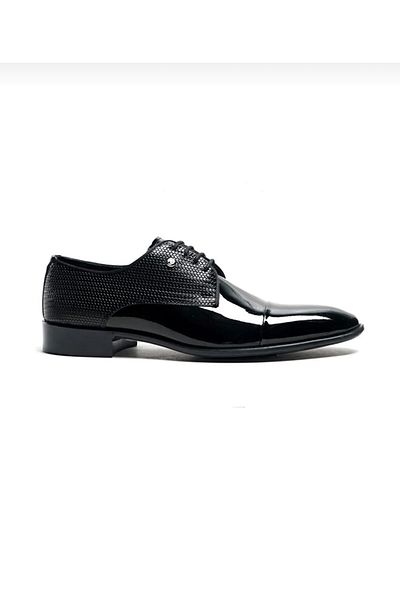 Pierre Cardin 7027 Мъжки черни лачени класически обувки за младоженеца с детайлен принт с връзки