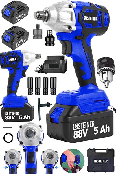 STEİNER Alman 88 V 5 Ah Çift Akülü Somun Bijon Sökme Takma Sıkma Matkap Kömürsüz Akülü Vidalama  Madren