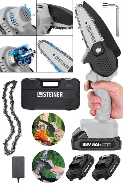 STEİNER Alman 88 V 5 Ah Akülü Dal Kesme Budama Testere Bıçkı Makinesi Çift Akülü Çantalı 10 Cm Pala Zincir