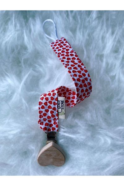 GOER STORE Natural Wooden Heart Detailed Red Heart 100% Cotton Baby Pacifier Hanger