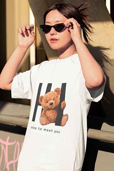 SUNFREE Hi Teddy Bear εμπριμέ υπερμεγέθη λευκό μπλουζάκι