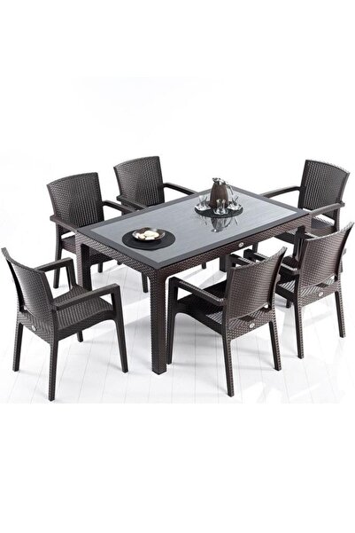 Sadık Plastik SP Capissi Rattan Kahve Masa Takımı 90*150 Camlı Masa 6 Adet Ze...