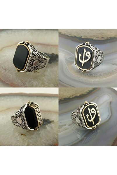 FKGÜMÜŞ Siyah Mineli Elif Vav Ve Siyah Taşlı Çift Taraflı Erkek Yüzük