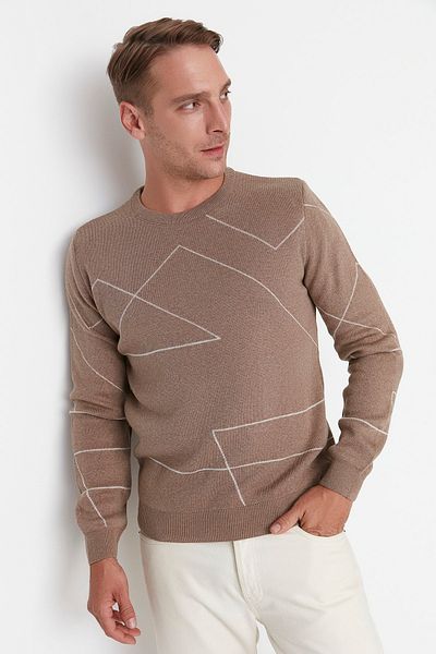 Trendyol Collection Πλεκτό πουλόβερ Crew Neck Linear Mink - Slim Fit TMNAW22KZ0662