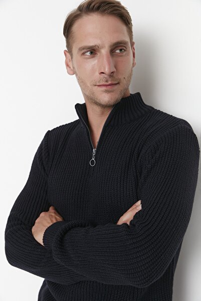 Trendyol Collection Sötétkék alkalmi, normál szabású páros/dupla félcipzáras nyakú pulóver TMNAW22KZ1908