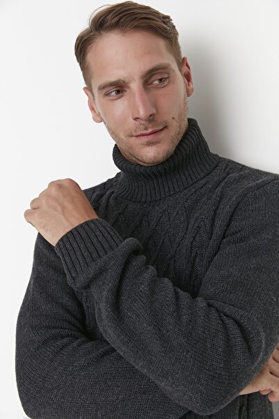 Trendyol Collection Antracitový Slim Fit rolák Úplet do vlasů Detailní pletený svetr TMNAW23KZ00154