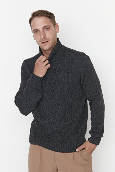 Trendyol Collection Antracitový Slim Fit rolák Úplet do vlasů Detailní pletený svetr TMNAW23KZ00154