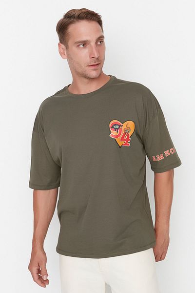Trendyol Collection Khaki Color Oversize Crew Neck 100% Cotton Printed T-Shirt - TMNSS22TS0609