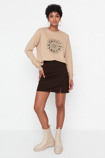 Trendyol Collection Barna hasított részletes, magas derekú mini kötött szoknya TWOAW23ET00045