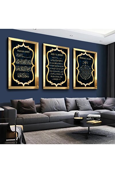 Zevahir Mobilya Dekorasyon Gold Aynalı Pleksi Çerçeveli Ayetel Kürsi, Nazar Ayeti, Bereket Duası Dini Üçlü Mdf Tablo Seti
